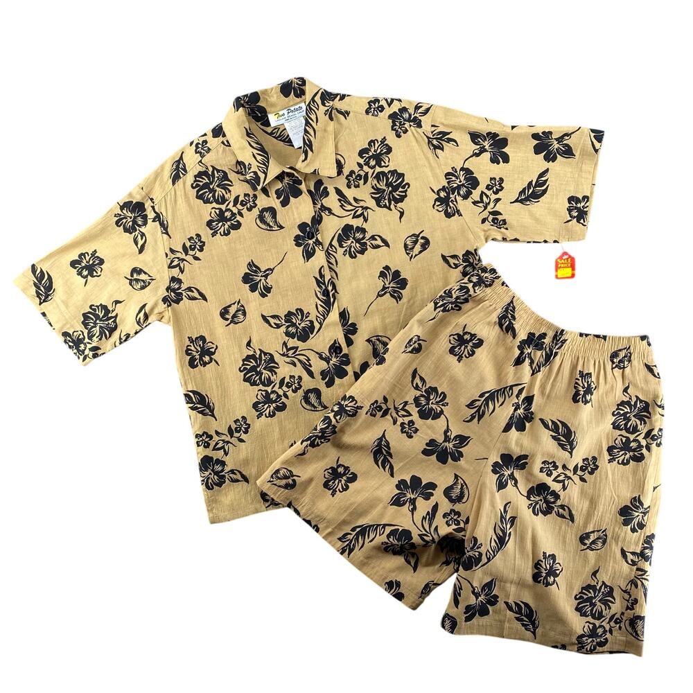Vtg NOS 80s 90s Two Potato Resortwear Matching Vacation Set‎ Floral Tan Black S